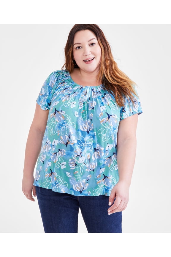 Plus Size Printed Pleated-Neck Top Arles Desert Teal 2X