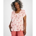 thumbnail image 1 of Plus Size Printed Pleated-Neck Top Pottery Shiitake 2X, 1 of 1