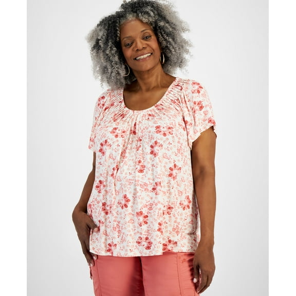 Plus Size Printed Pleated-Neck Top Pottery Shiitake 3X
