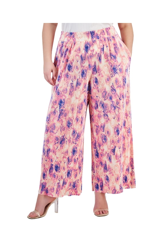 Plus Size Printed Pull-On Wide-Leg Pliss Pants Riley Rose 2X
