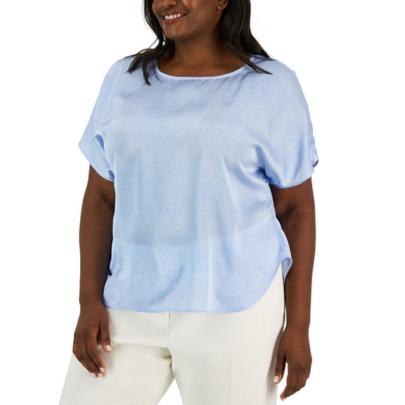 Plus Size Printed Satin Short Sleeve Blouse Shore Blue/Bright White 3X