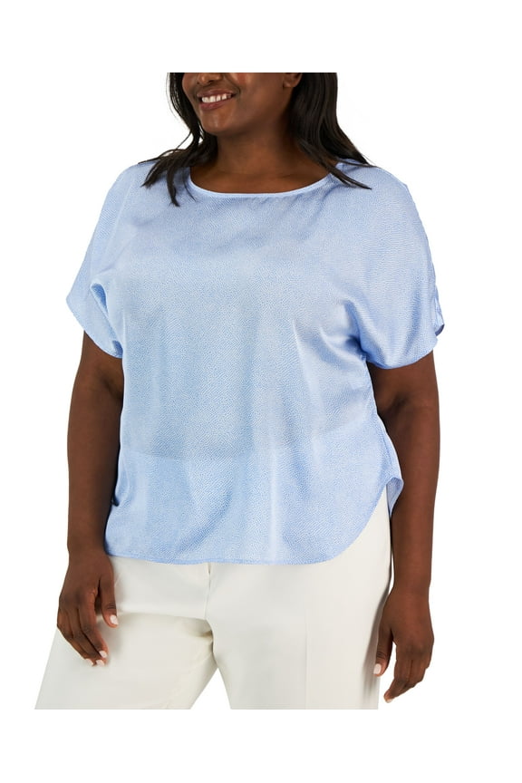 Plus Size Printed Satin Short Sleeve Blouse Shore Blue/Bright White 3X