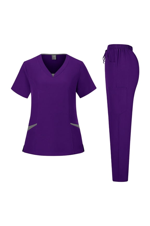 Plus Size Printed Scrub Uniform Top & Pants Set for Women, Short Sleeve V-Neck Workwear with Pockets - Floral & Animal Designs for Nurses & Caregivers,Dark Purple 2XL