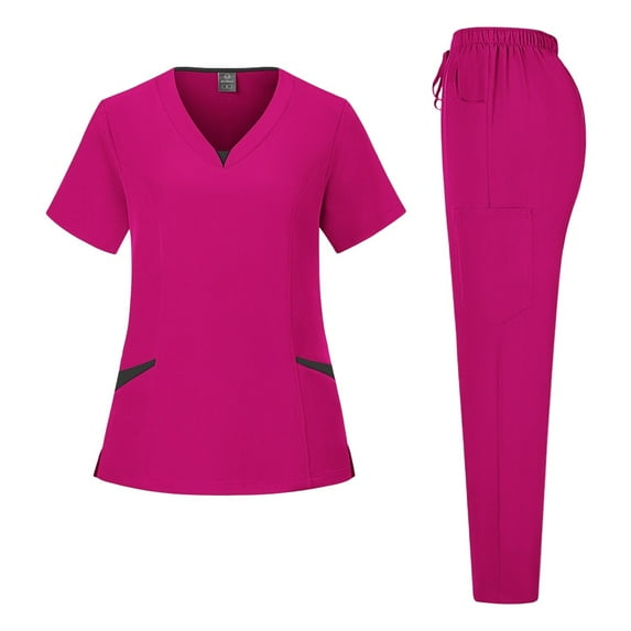 Plus Size Printed Scrub Uniform Top & Pants Set for Women, Short Sleeve V-Neck Workwear with Pockets - Floral & Animal Designs for Nurses & Caregivers,Hot Pink XL