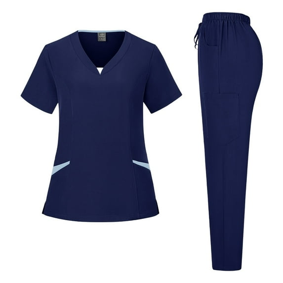 Plus Size Printed Scrub Uniform Top & Pants Set for Women, Short Sleeve V-Neck Workwear with Pockets - Floral & Animal Designs for Nurses & Caregivers,Navy XL