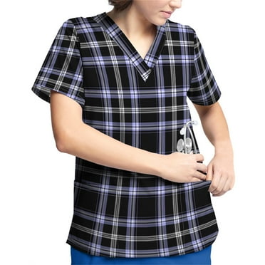 Plus Size Printed Scrub Working Uniform Tops for Women V-Neck Short Sleeve T-Shirts Workwear Tee With Pockets