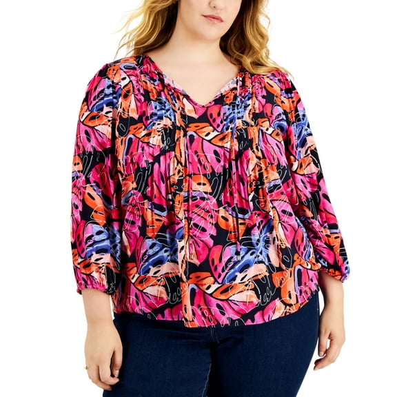 Tommy Hilfiger Womens Printed Pullover Blouse, Multicoloured, 2X