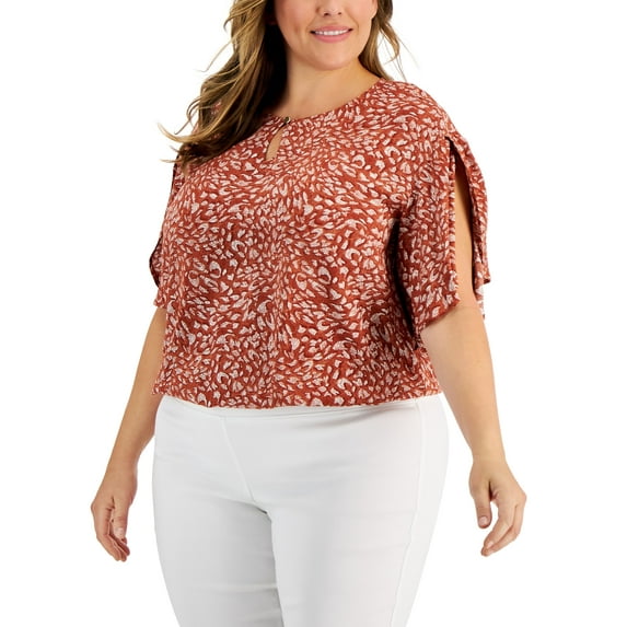 Plus Size Printed Tulip Keyhole Top Chateau Bronze Combo 1X