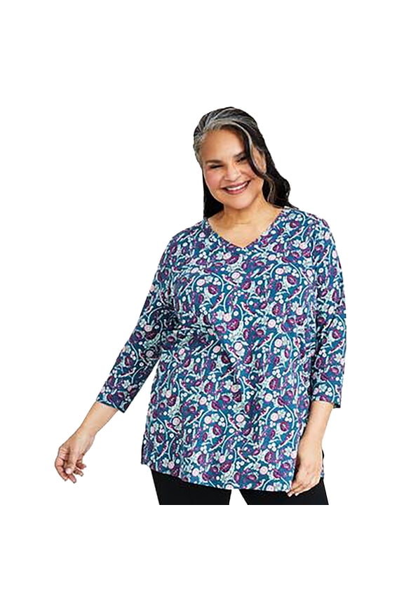 Plus Size Printed V-Neck Knit Tunic Top Meadow Cap Blue 1X