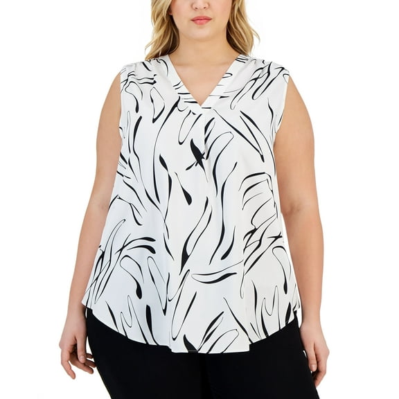 Plus Size Printed V-Neck Sleeveless Satin Top Bright White 0X
