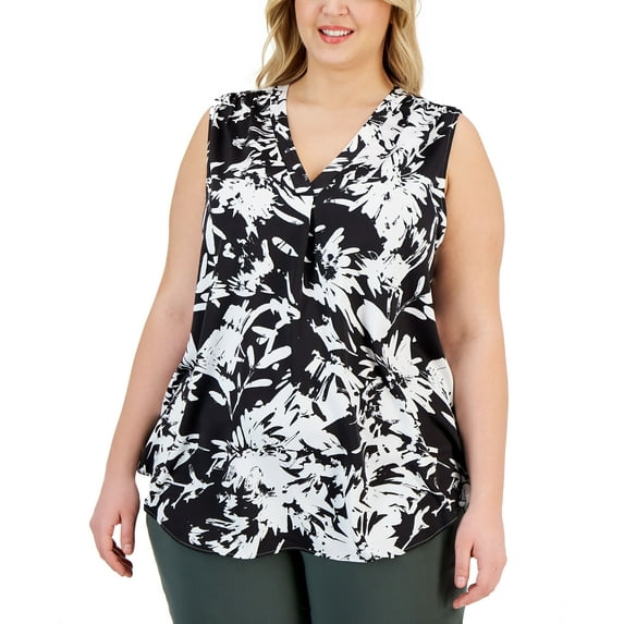 Plus Size Printed V-Neck Sleeveless Satin Top Deep Black Floral 1X