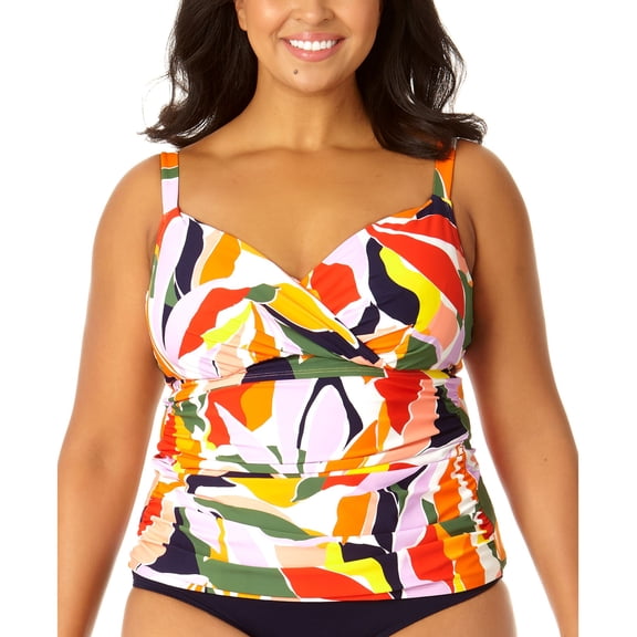 Plus Size Printed V-Neck Tankini Top Multi Palm Print 20W