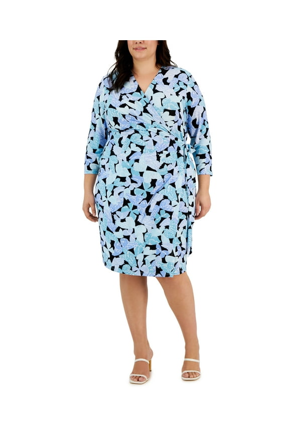 Plus Size Printed Wrap Dress Siren Blue/Bright White 0X