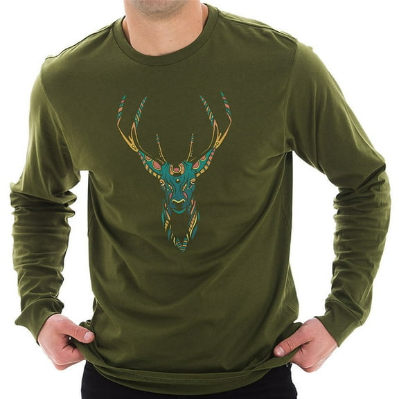 Plus Size Psychedelic Deer Graphic Long Sleeve Crewneck Tee - Army Green 3XL