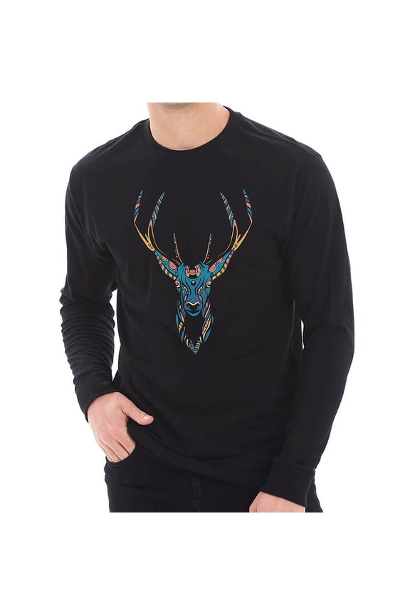 Plus Size Psychedelic Deer Graphic Long Sleeve Crewneck Tee - Black 3XL