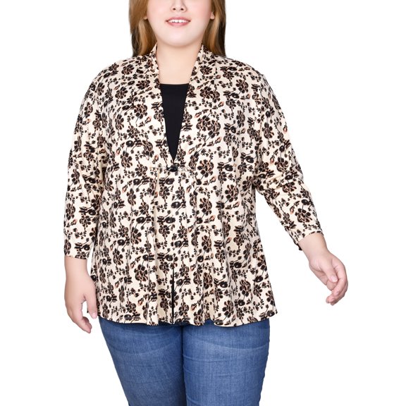 Plus Size Puff Print 3/4 Sleeve Two-Fer Top