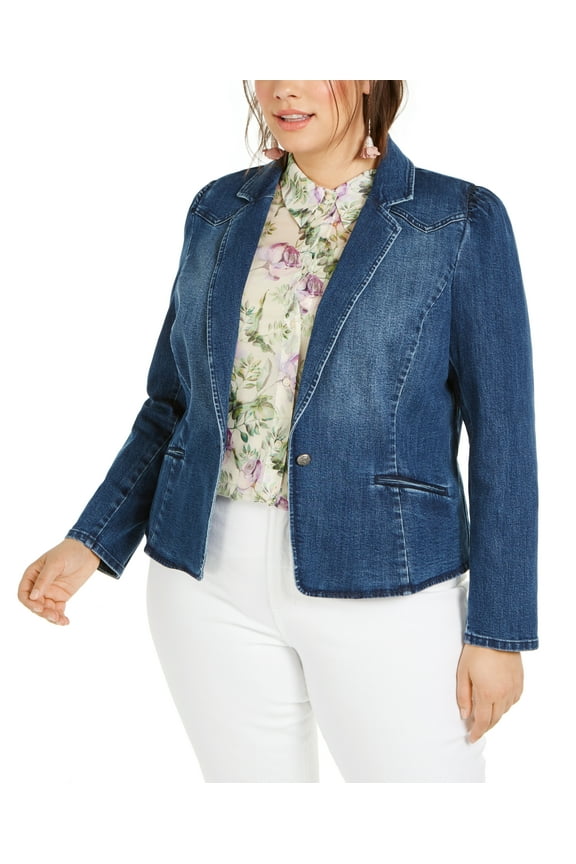 Plus Size Puff-Sleeve Denim Blazer Medium Indigo 2X