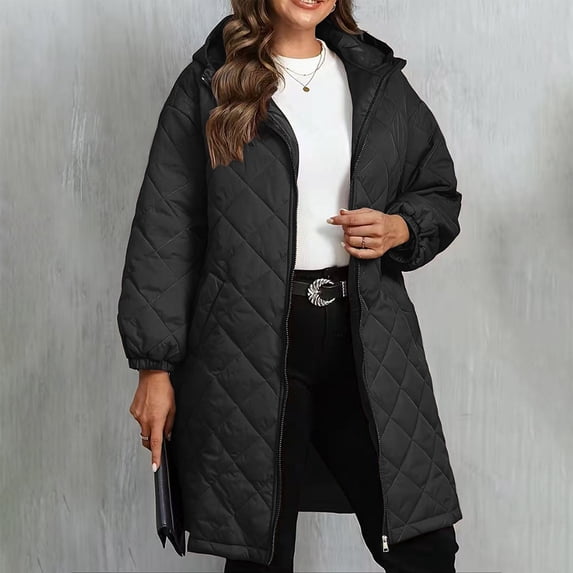 Plus Size Puffer Coats for Women Diamond Quilted Hooded Full Zip Mid Length Padded Warm Fall Winter Casual Outerwear with Pockets,XL-5XL