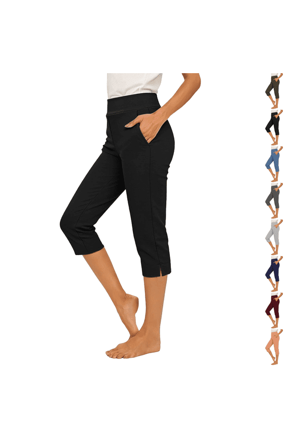 Plus Size Pull On Capri Pants for Women with Pockets Elastic Waist Commuter Travel Casual Work Cropped Pants with Cuff Black S