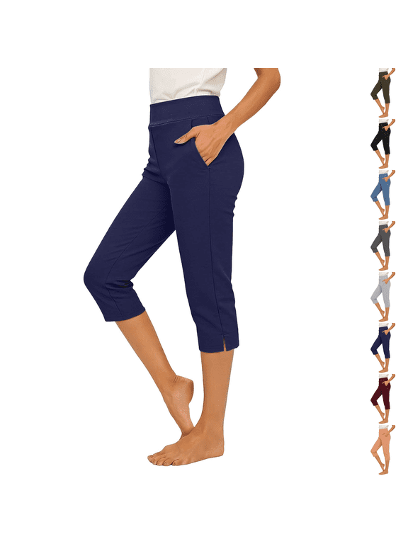Plus Size Pull On Capri Pants for Women with Pockets Elastic Waist Commuter Travel Casual Work Cropped Pants with Cuff Navy XL