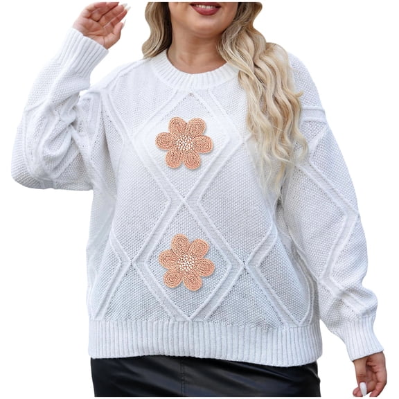 Plus Size Pullover Sweater Womens Fall Floral Sweaters Long Sleeve Casual Tops Trendy Winter Clothes White, L