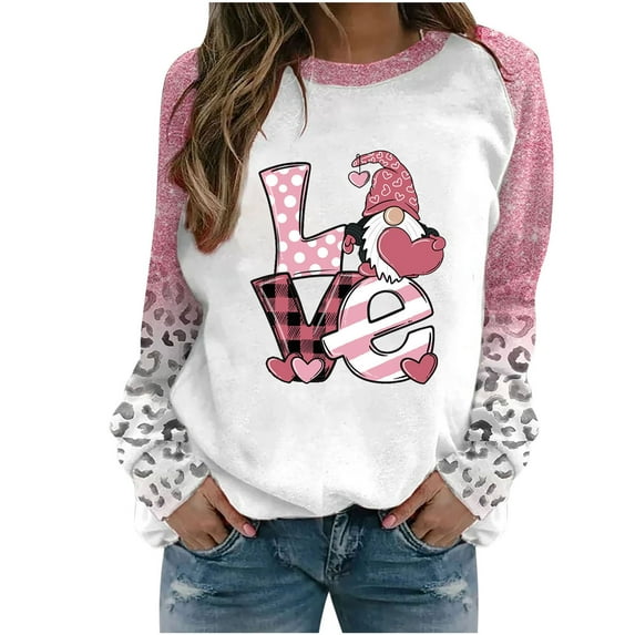 Plus Size Pullover Tops for Women Valentine's Day Funny Graphic Print Leopard Patchwork Long Sleeve Casual Sweatshirts (Pink,L)