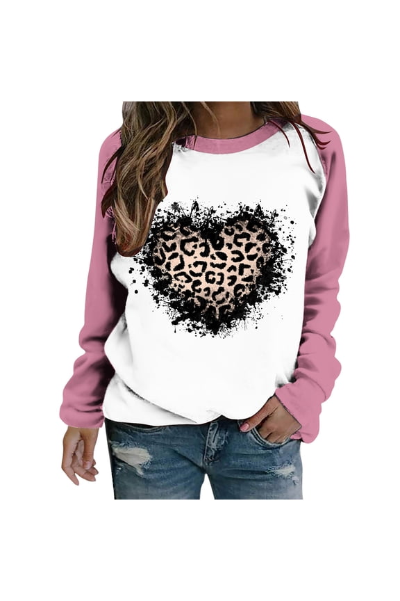 Plus Size Pullover Tops for Women Valentine's Day Funny Graphic Print Leopard Patchwork Long Sleeve Casual Sweatshirts (Pink,S)