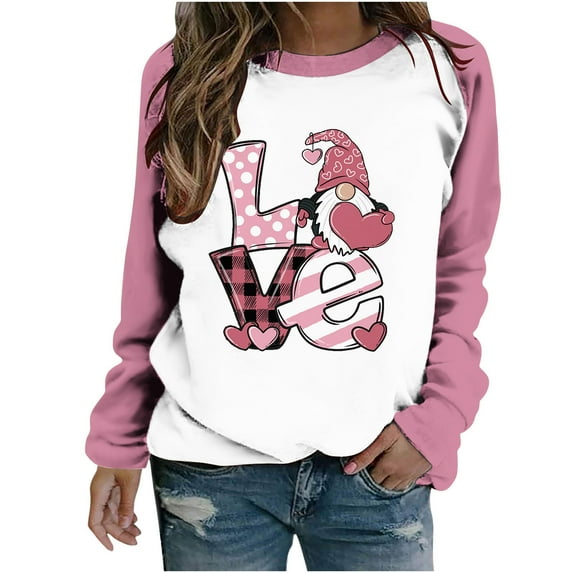 Plus Size Pullover Tops for Women Valentine's Day Funny Graphic Print Leopard Patchwork Long Sleeve Casual Sweatshirts (Pink,S)