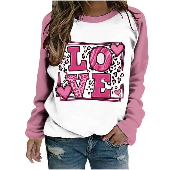 Plus Size Pullover Tops for Women Valentine's Day Funny Graphic Print Leopard Patchwork Long Sleeve Casual Sweatshirts (Pink,XL)