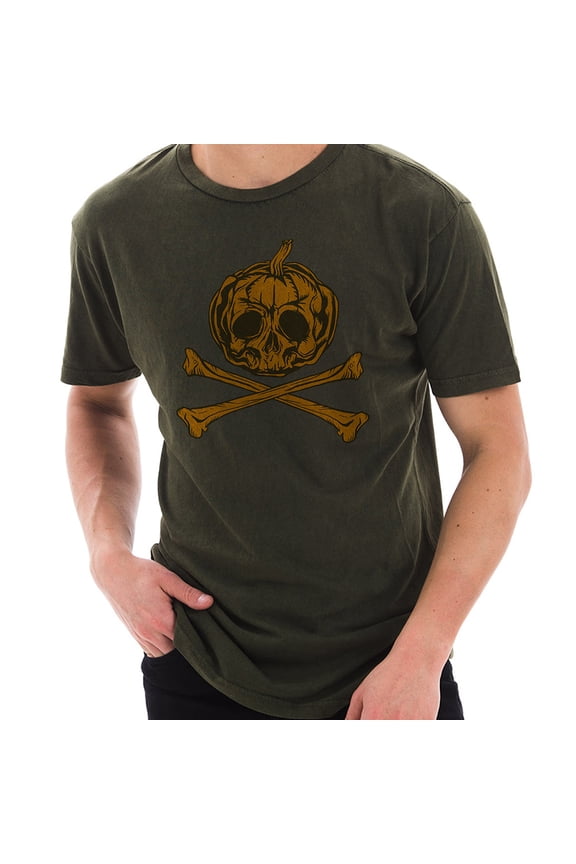 Plus Size Pumpkin Skull Graphic Design Unisex Ring Spun Cotton Vintage Short Sleeve Crewneck Tee Shirt - Vintage Olive 2XL