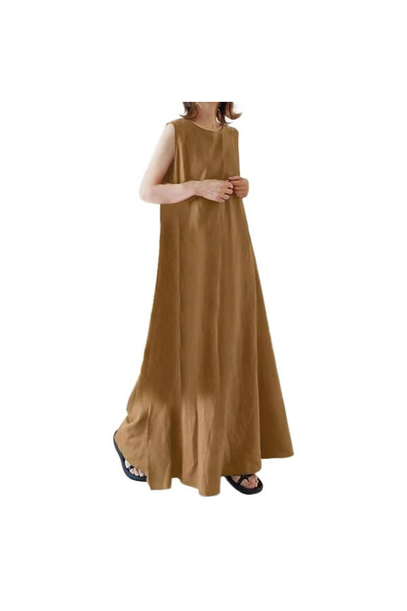 Plus Size Pure Color Linen Blend Maxi Dress Sleeveless, Loose Fit, Wide Flare Hem, Breathable and Lightweight, Multiple Sizes