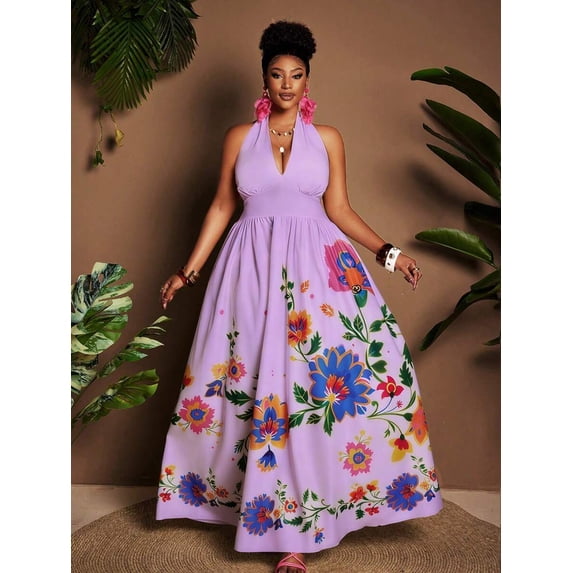 Plus Size Purple Floral Print Halter Deep V-Neck A-Line Maxi Dress