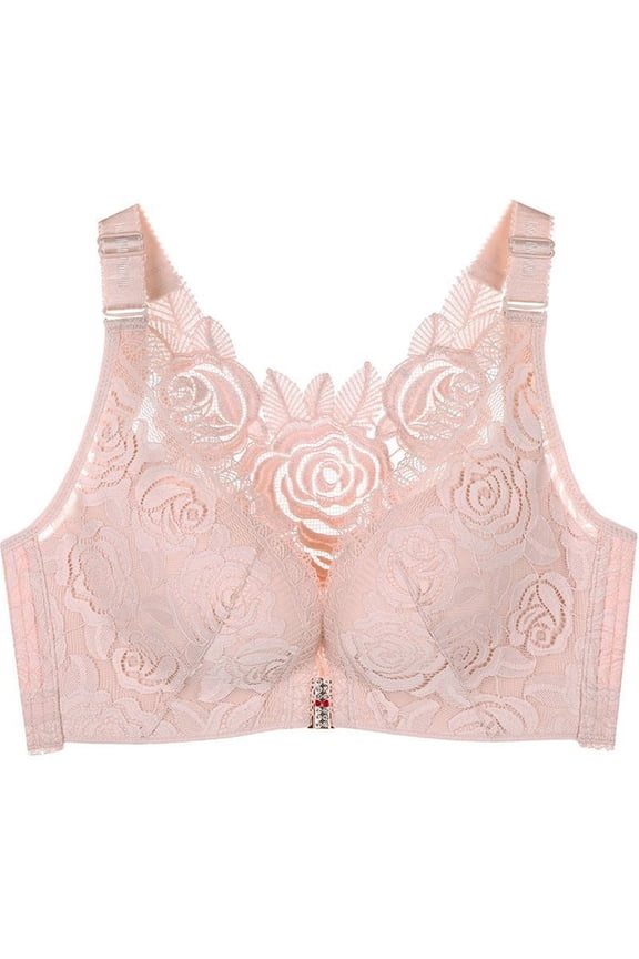 Plus Size Racerback Bras for Womens Floral Lace Front Closure T-Shirt Bralettes Full Coverage Wireless Push Up Bras, 40/90D Pink