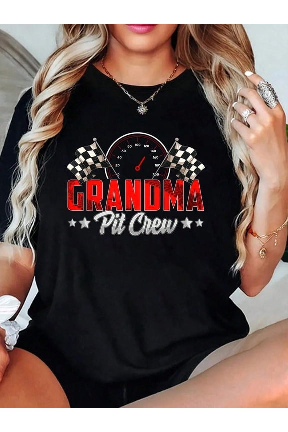 Plus Size Racing Pit Crew T-Shirt For Car Racing Birthday Party, Family And Grandma - Casual Collar, Short Sleeve, Summer Top
