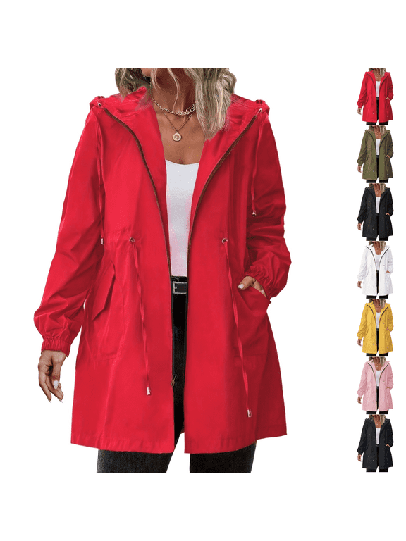 Plus Size Rain Jackets for Women Lightweight Long Raincoat Waterproof Straight Jacket Coats Red XL