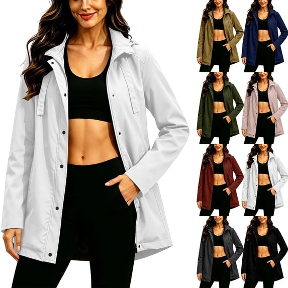 Plus Size Rain Jackets for Women Zip Up Waterproof Solid Color Hooded Windproof Casual Jacket Outdoor Hiking Sport
