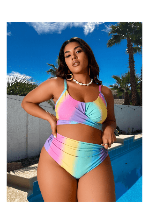 Plus Size Rainbow Bikini Set for Women - High Waist Swimsuit, Knitted Two Piece Bathing Suit, Colorful Beachwear for Teens & Adults, Summer Pool & Vacation Outfit