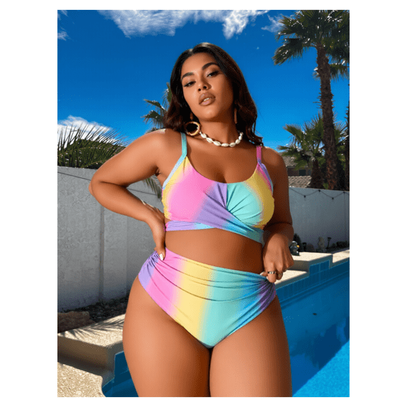 Plus Size Rainbow Bikini Set - Women's Knitted Swimsuit, High Waist Two Piece Bathing Suit, Summer Beachwear, Curve & Stylish Swimwear, Vibrant Colors