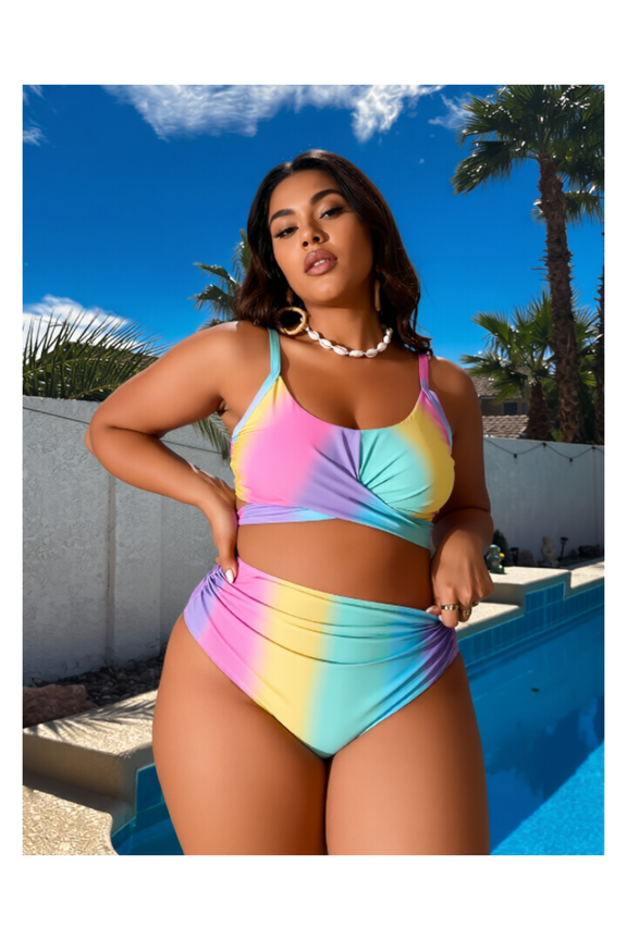 Plus Size Rainbow Bikini Set for Women - High Waisted Knit Swimsuit, 2 Piece Bathing Suit, Colorful Beachwear for Summer, Curve & Plus Size 14-30