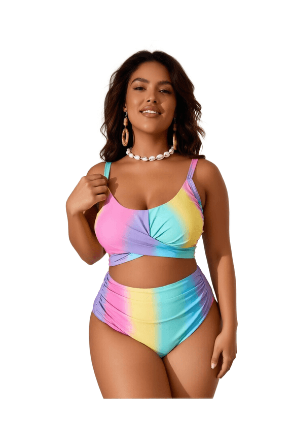 Plus Size Rainbow High Stretch Knitted Bikini Set