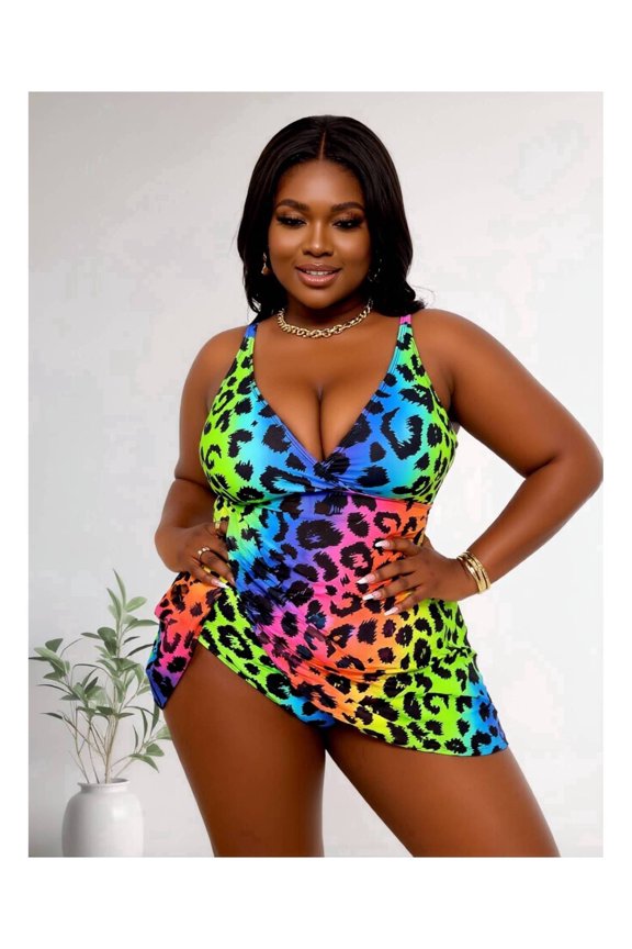 Women's Plus Size One Piece Swimsuit Rainbow Leopard Print Halter Cutout for Beach Pool