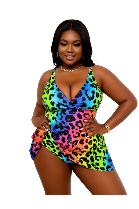 Plus Size Rainbow Leopard Print Halter Swimsuit with Cutout