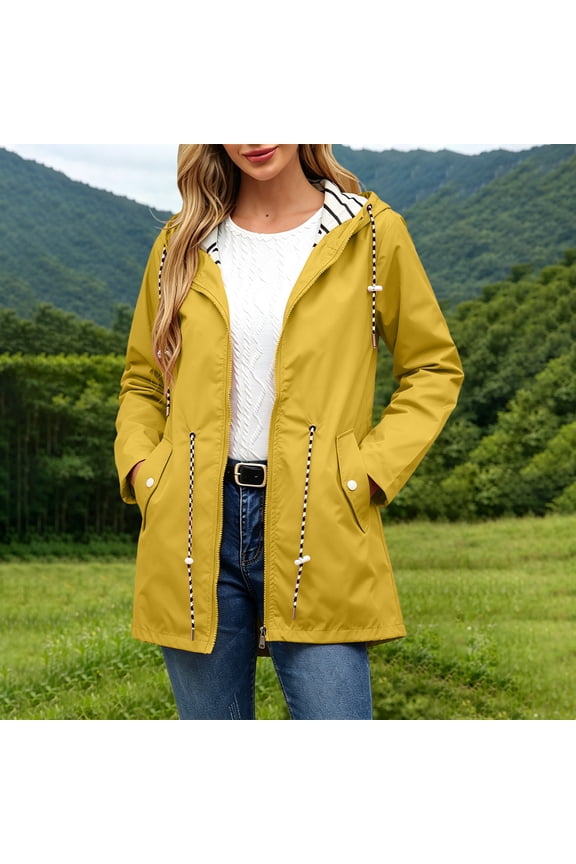 Plus Size Raincoat For Women, Mid-Length Hooded Waterproof Jacket With Striped Lining, Solid Color Outdoor Rain Slicker, Plus Size Spring Rain Gear Yellow 4XL
