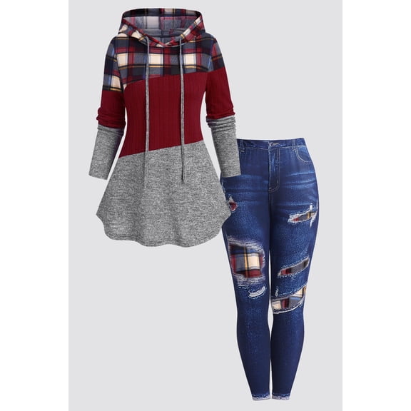Plus Size Red Plaid Color Block Patchwork Hooded Drawstring Two-Piece Streetwear Set Irregular Flared Hem Long Sleeve Tunic & Faux Distressed Ripped Denim Print High Waist Leggings