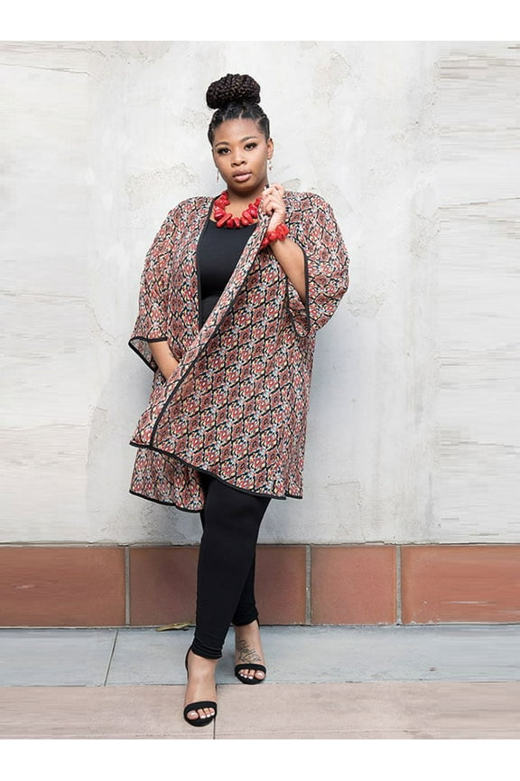 Plus Size Red/Yellow/Black Mid-Sleeve Short Kimono Duster