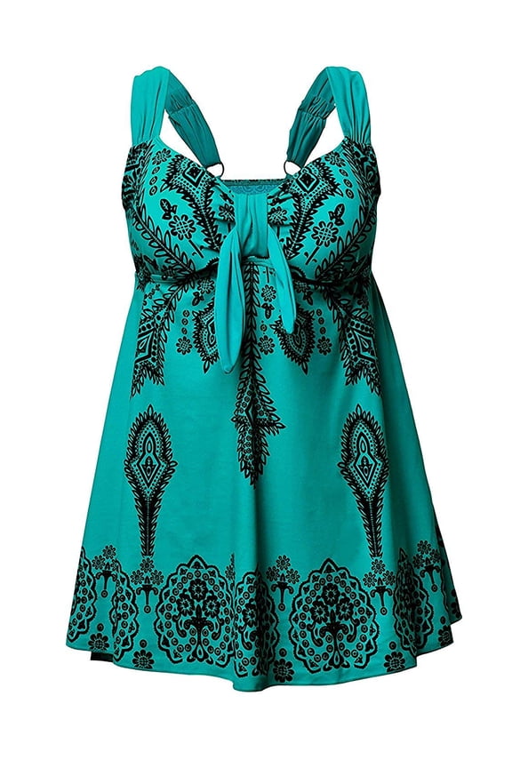 Plus Size Retro Print Fashion Pin Up Swimdress Style Swimsuit Tankini Set