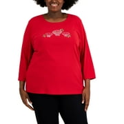 KAREN SCOTT Plus Size Rhinestone Seashell-Graphic Top New Red Amore 0X