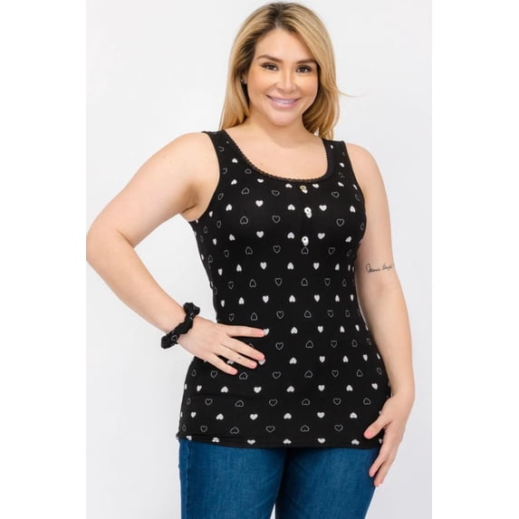 Plus Size Ribbed Knit Henley Tank Tops With Lace Trim - Black White Hearts