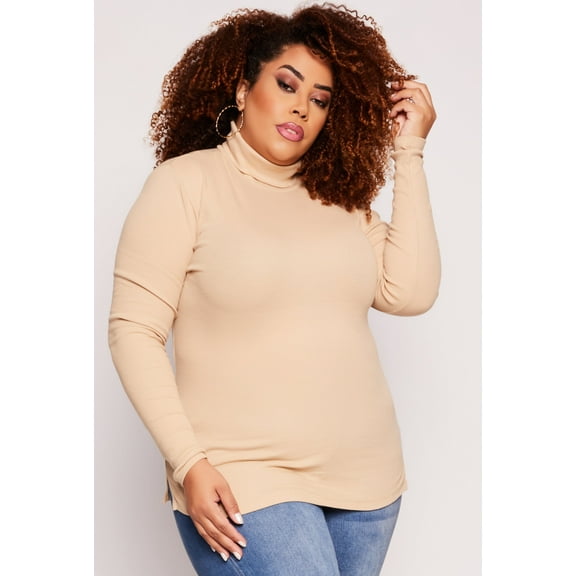 Womens Plus Size Ribbed Knit Long Sleeve Turtleneck Top