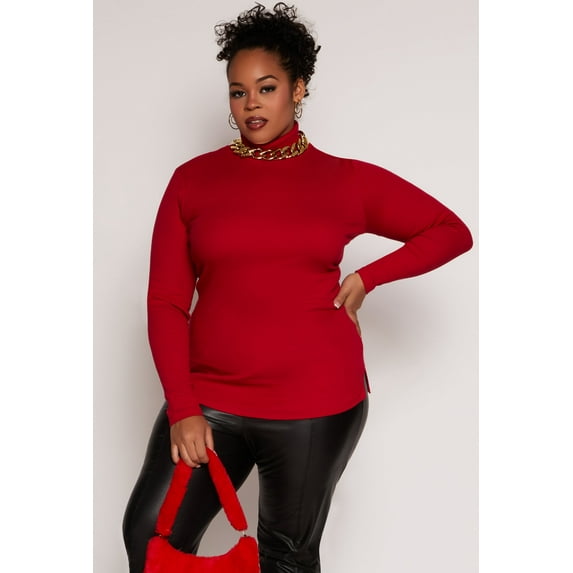 Womens Plus Size Ribbed Knit Long Sleeve Turtleneck Top